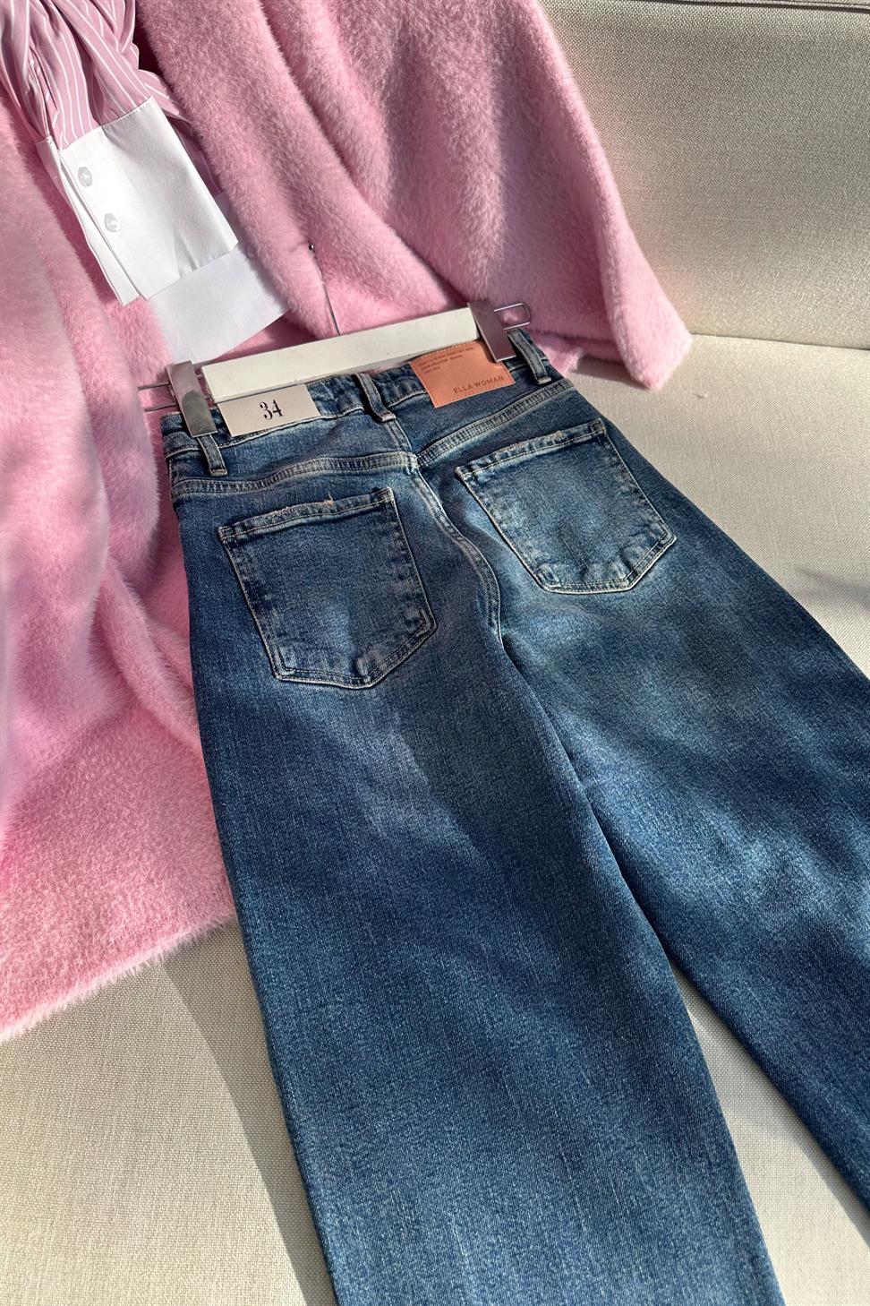 Premium Kalite Paçası Tasarım Mom Jean Pantolon Mavi