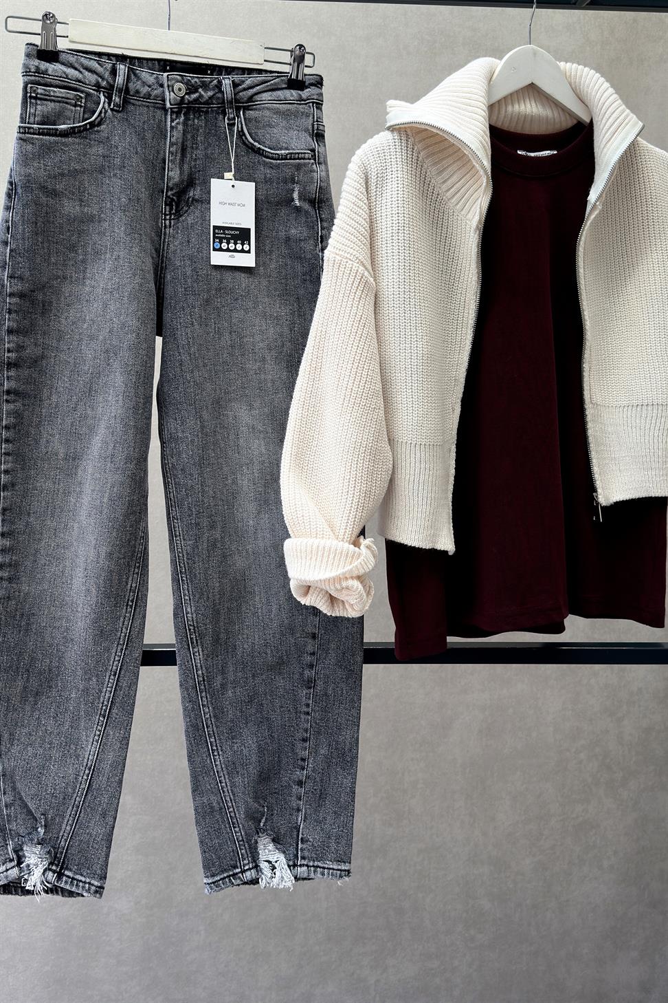 Premium Kalite Paçası Tasarım Mom Jean Pantolon Gri