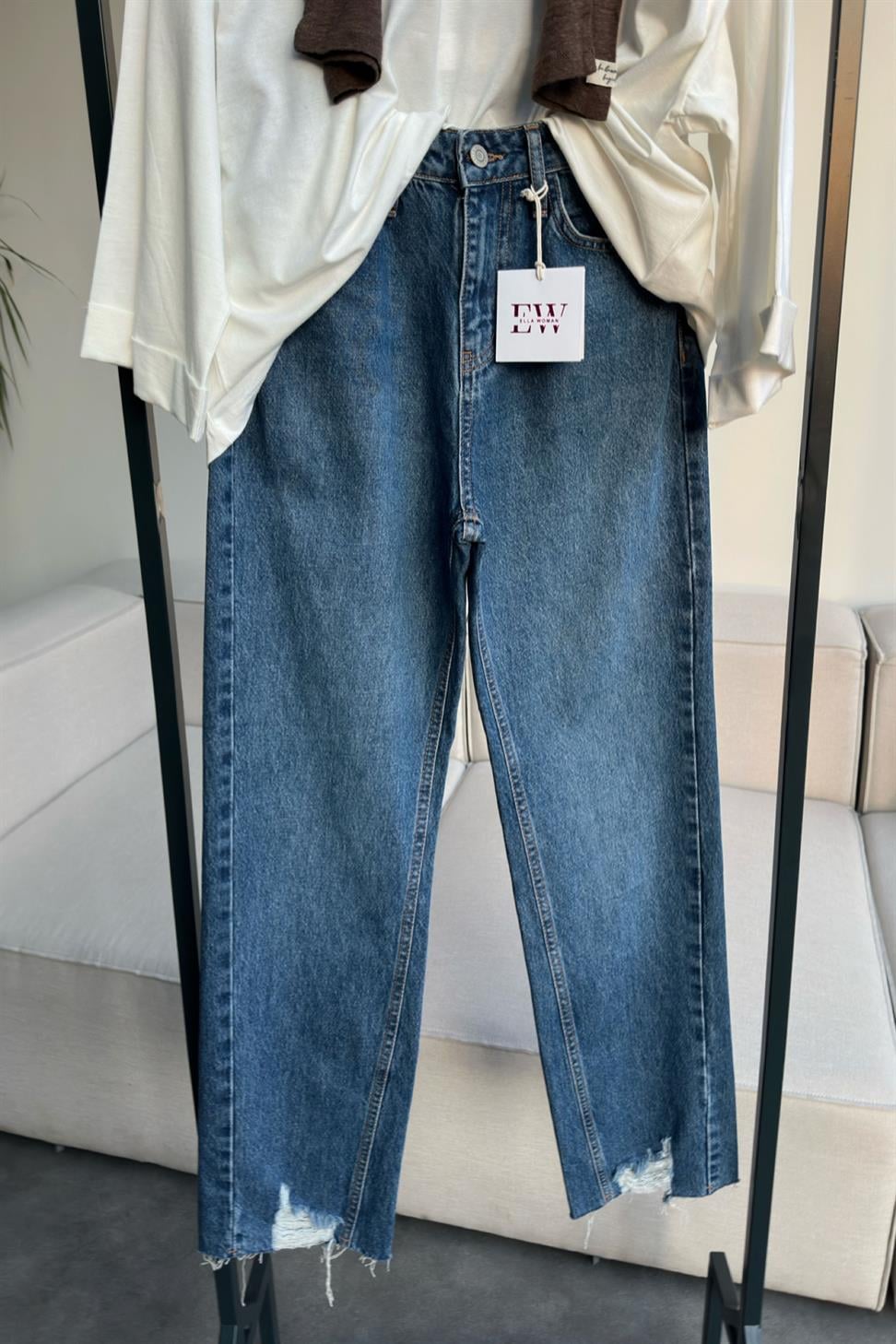 Premium Kalite Paçası Tasarım Mom Jean Pantolon Mavi