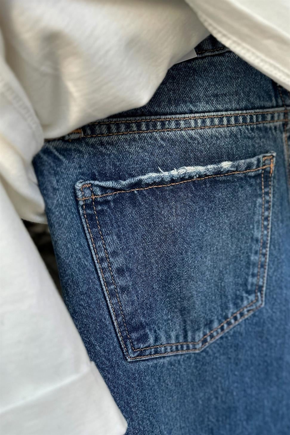 Premium Kalite Paçası Tasarım Mom Jean Pantolon Mavi