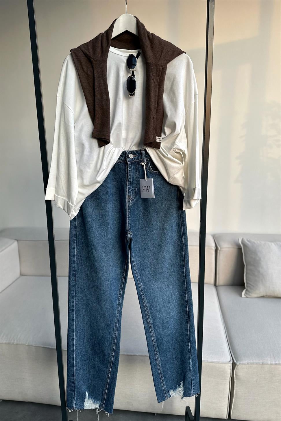 Premium Kalite Paçası Tasarım Mom Jean Pantolon Mavi