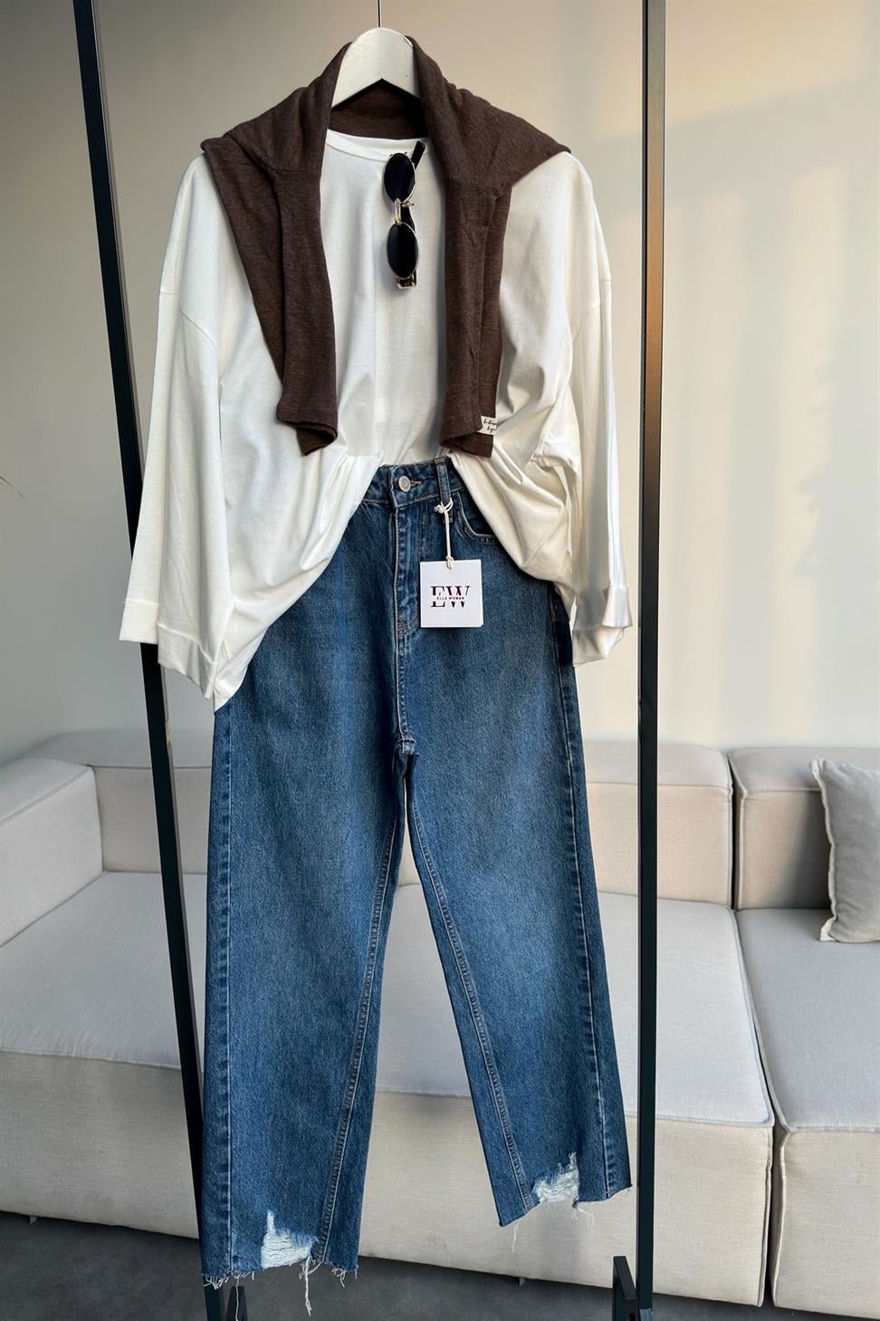 Premium Kalite Paçası Tasarım Mom Jean Pantolon Mavi