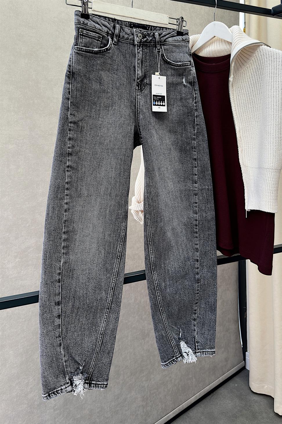 Premium Kalite Paçası Tasarım Mom Jean Pantolon Gri