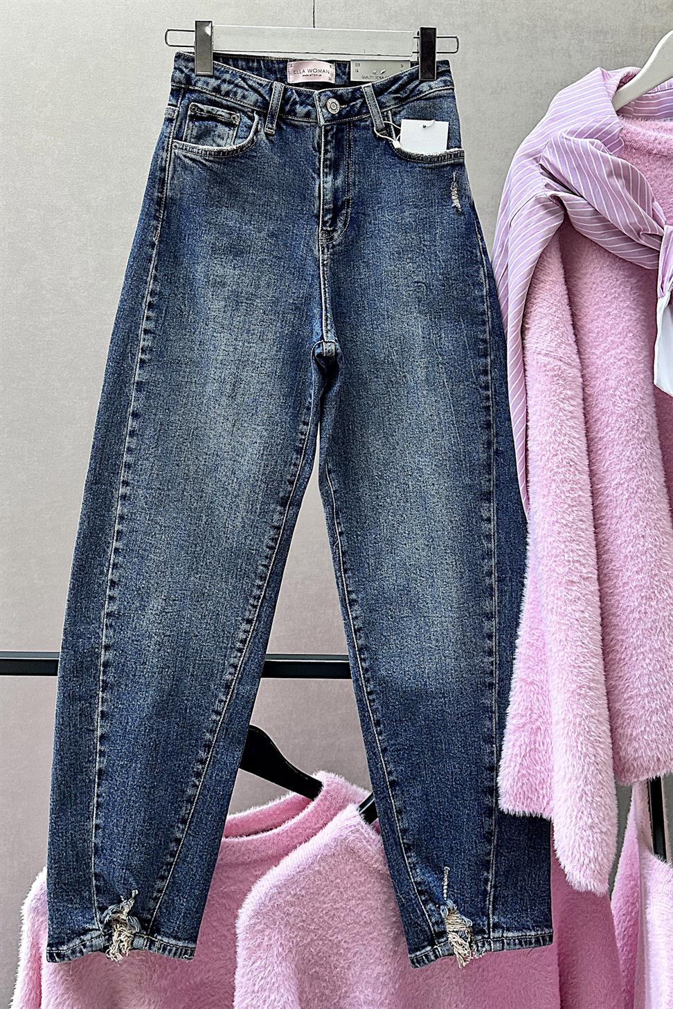 Premium Kalite Paçası Tasarım Mom Jean Pantolon Mavi