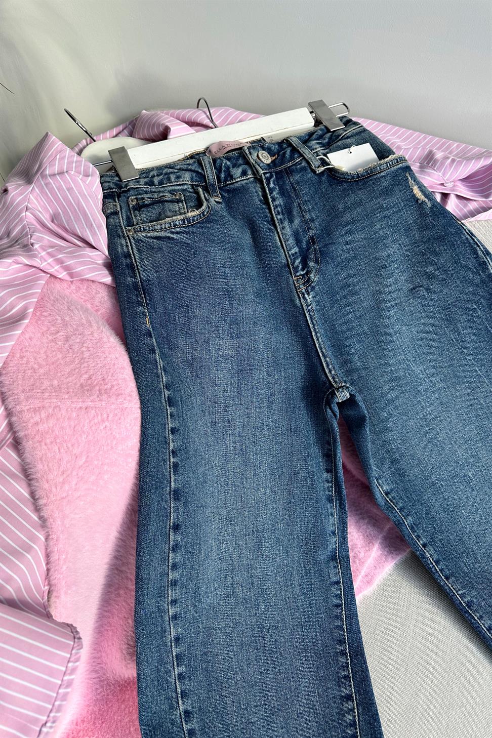 Premium Kalite Paçası Tasarım Mom Jean Pantolon Mavi