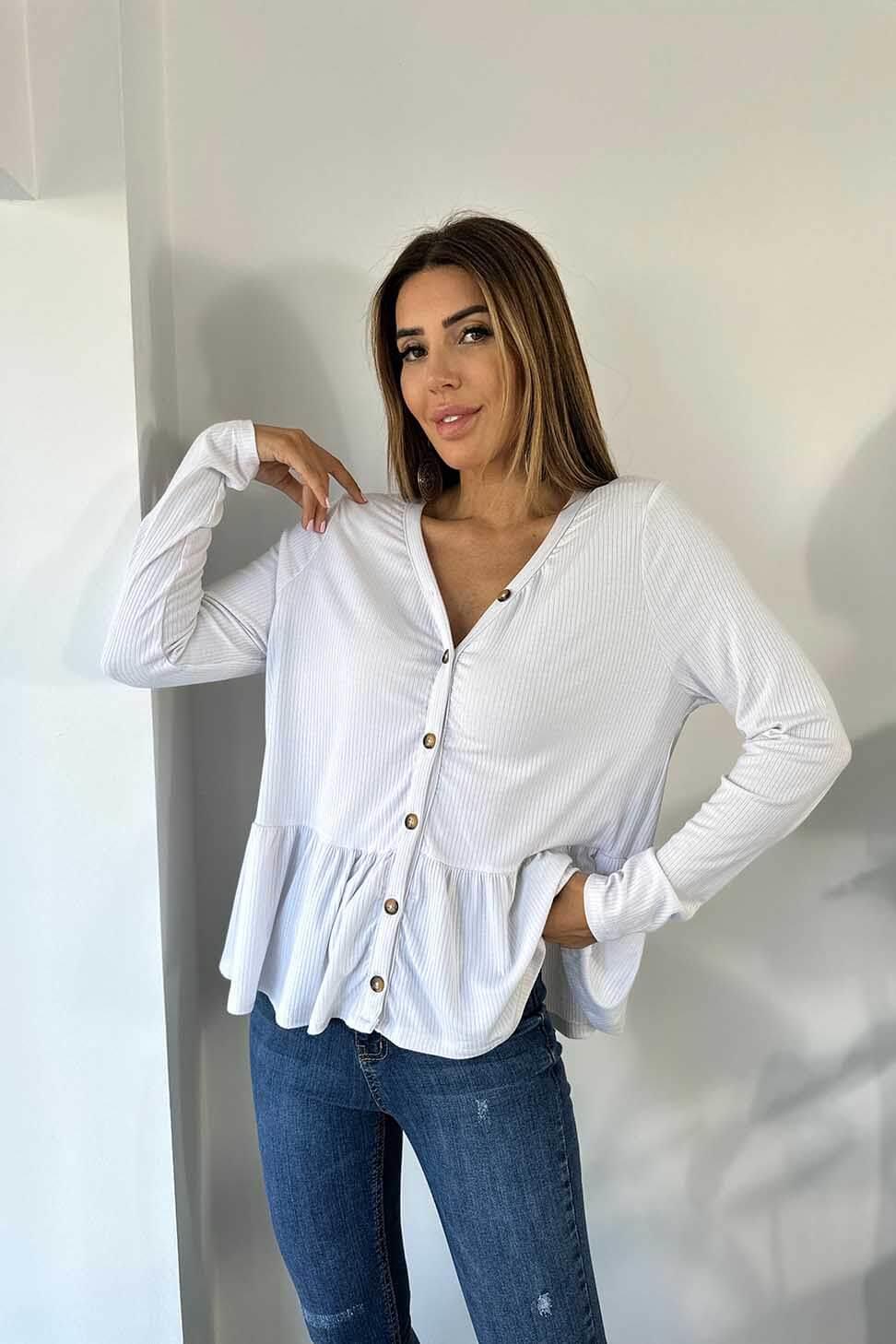 Premium Kalite Pamuk Kumaş Pile Detay Fitilli Bluz Beyaz