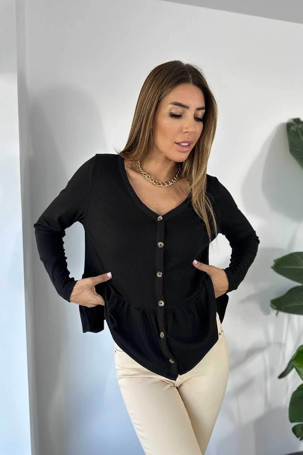 Premium Kalite Pamuk Kumaş Pile Detay Fitilli Bluz Siyah