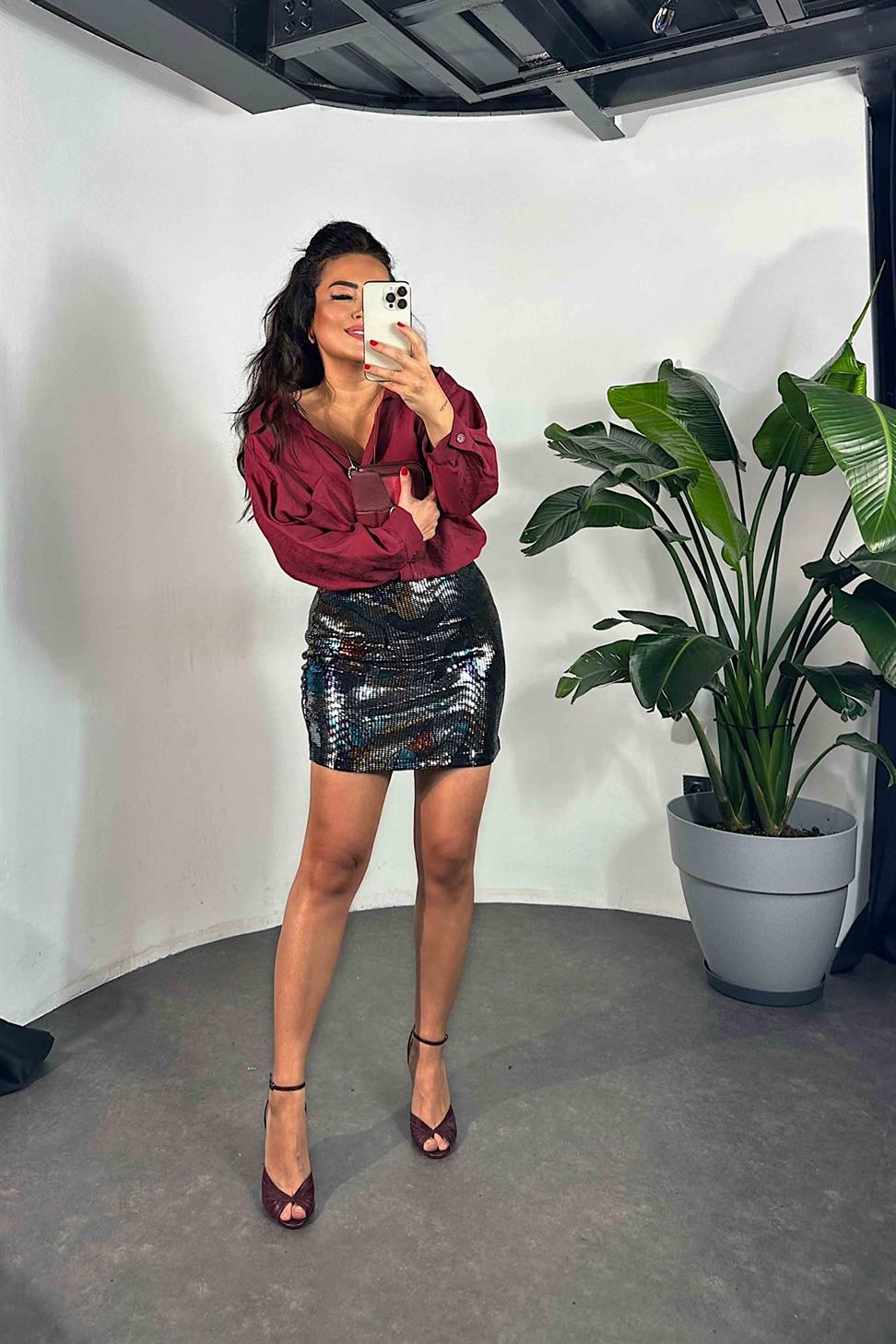 Premium Kalite Parıltı Desenli Etek Siyah