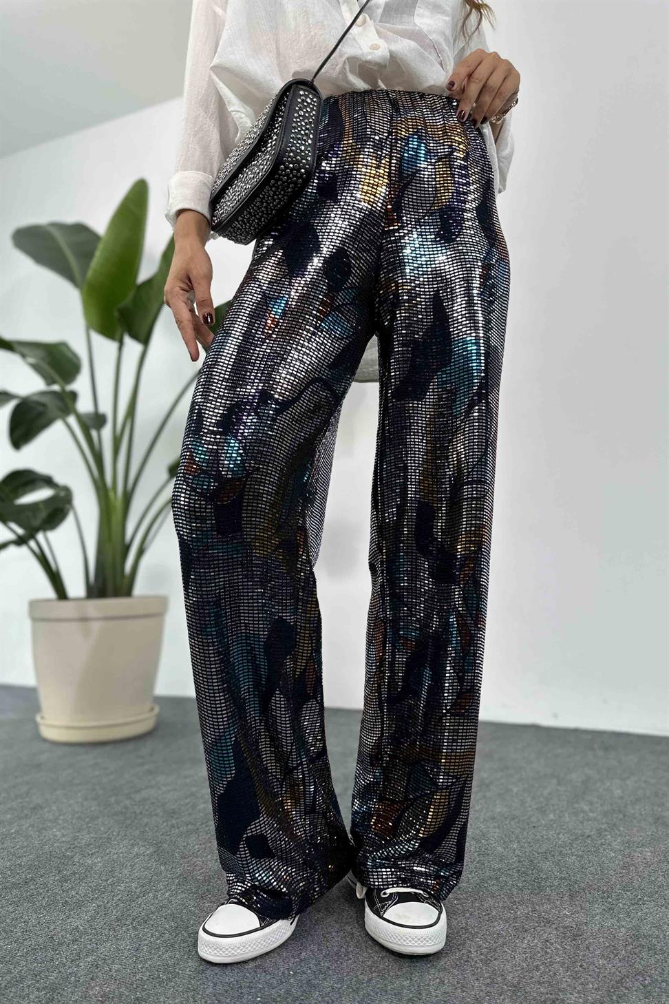 Premium Kalite Parıltı Desenli Palazzo Pantolon Siyah