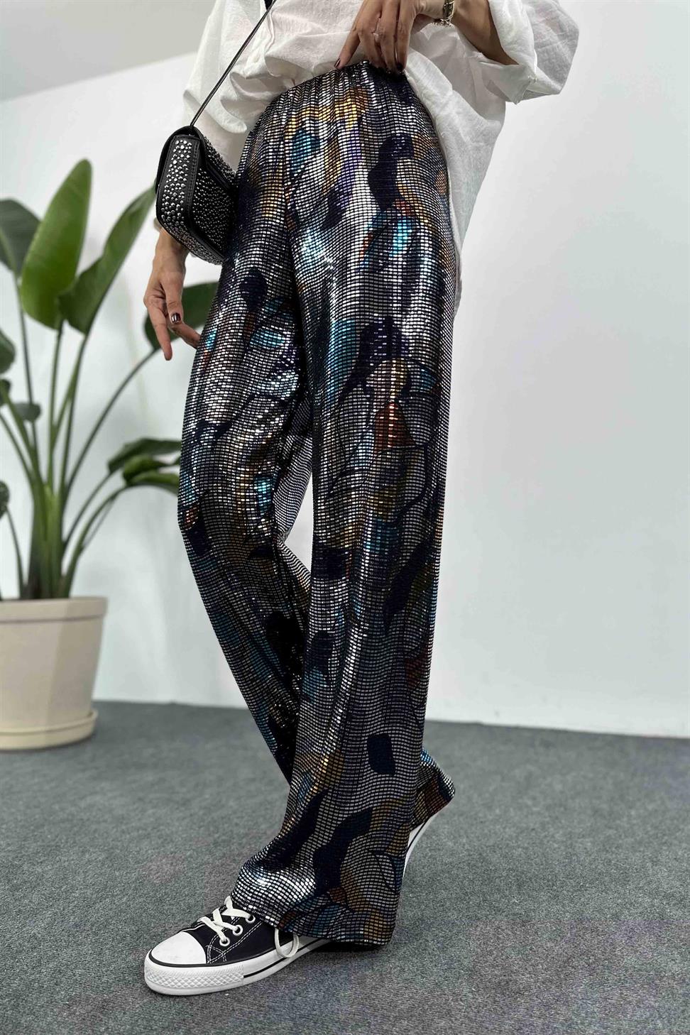 Premium Kalite Parıltı Desenli Palazzo Pantolon Siyah
