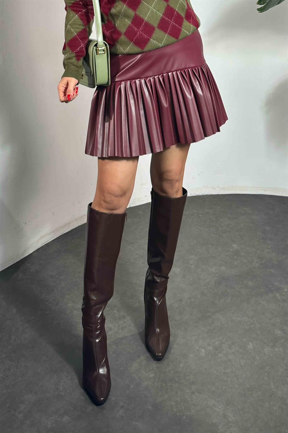 Premium Kalite Pliseli Deri Etek Bordo