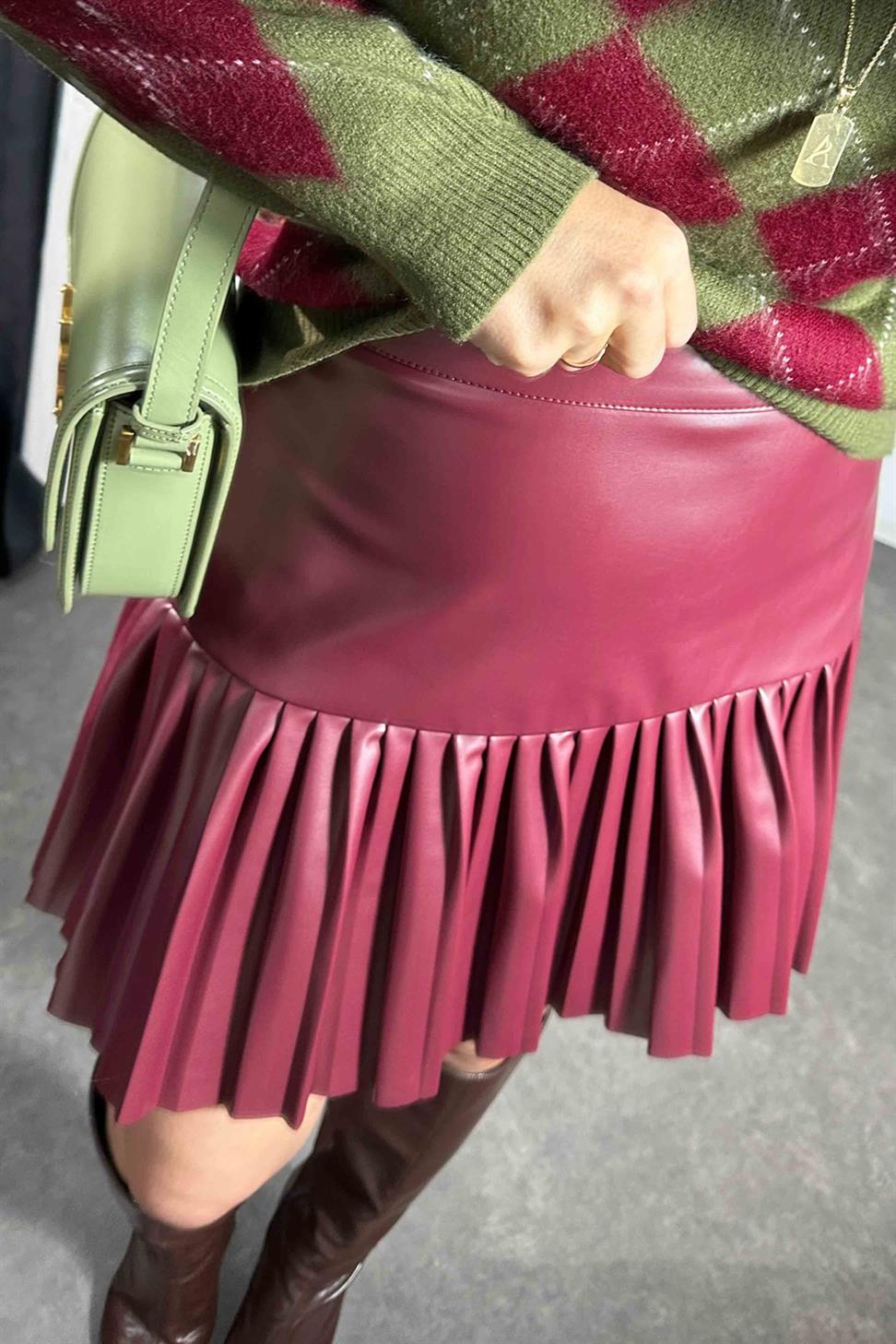 Premium Kalite Pliseli Deri Etek Bordo