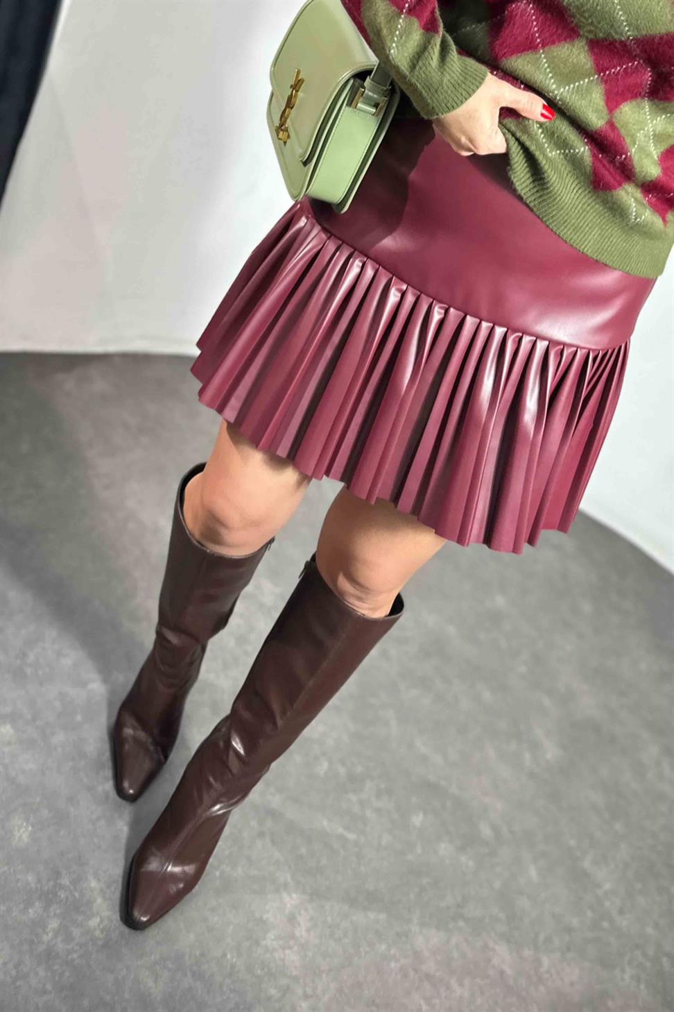 Premium Kalite Pliseli Deri Etek Bordo