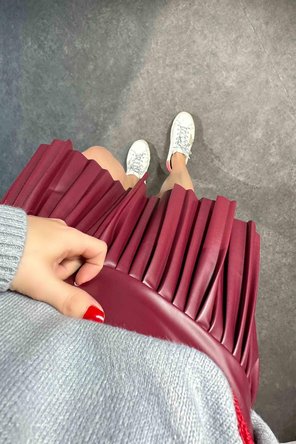 Premium Kalite Pliseli Deri Etek Bordo