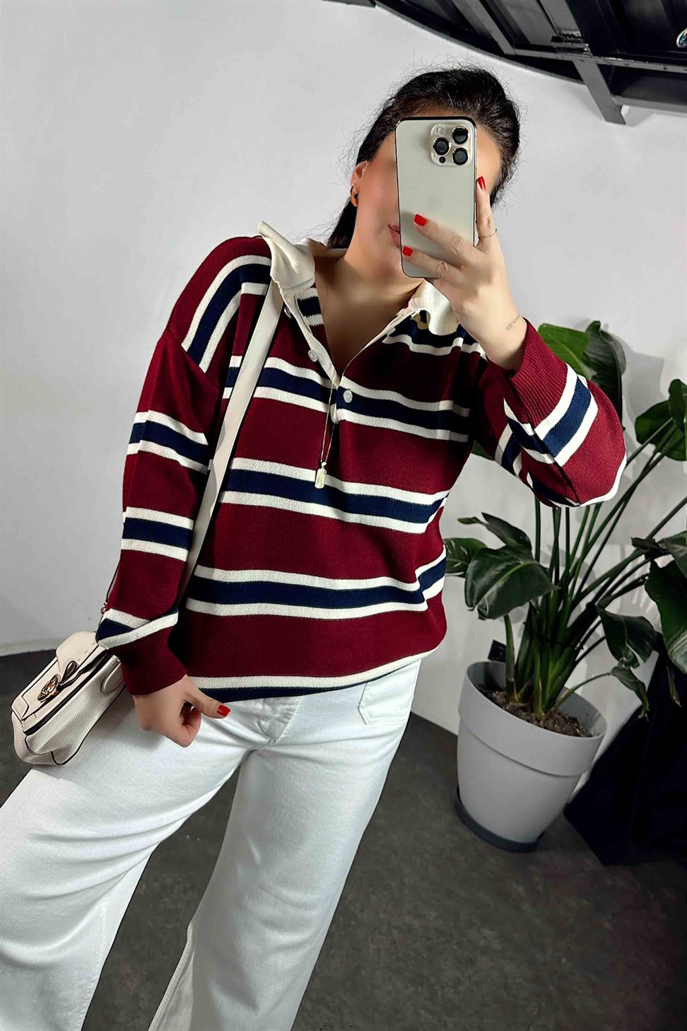 Premium Kalite Polo Yaka Bordo Çizgili Elit Triko Kazak Bordo