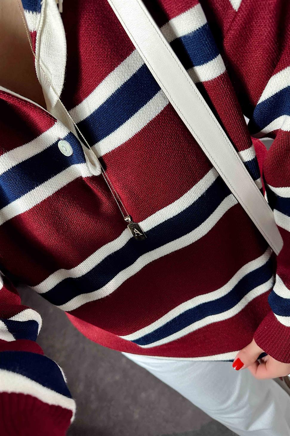 Premium Kalite Polo Yaka Bordo Çizgili Elit Triko Kazak Bordo