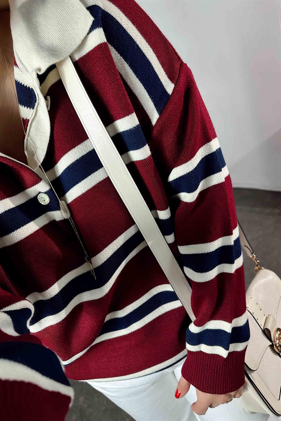 Premium Kalite Polo Yaka Bordo Çizgili Elit Triko Kazak Bordo