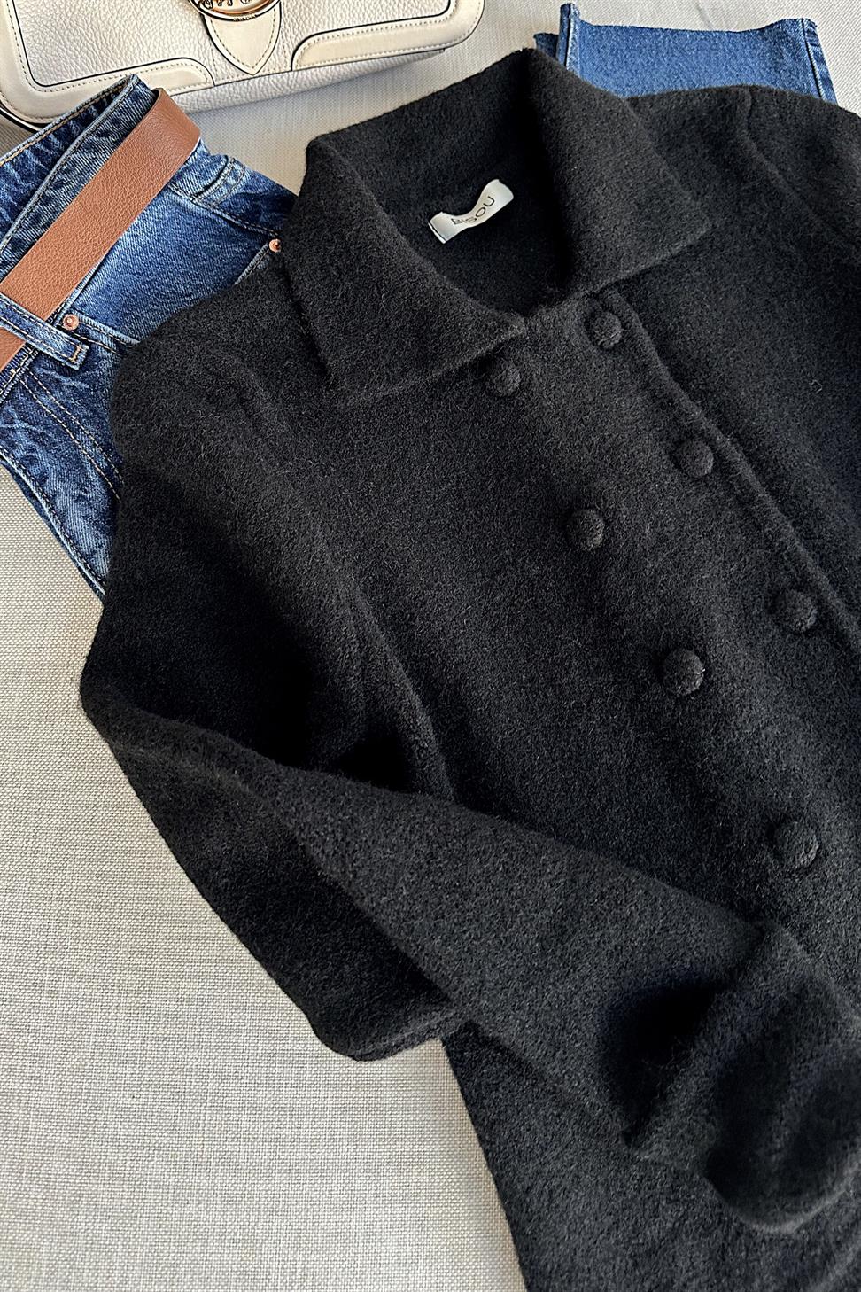 Premium Kalite Polo Yaka Düğme Detaylı Yumuşak Triko Hırka Siyah