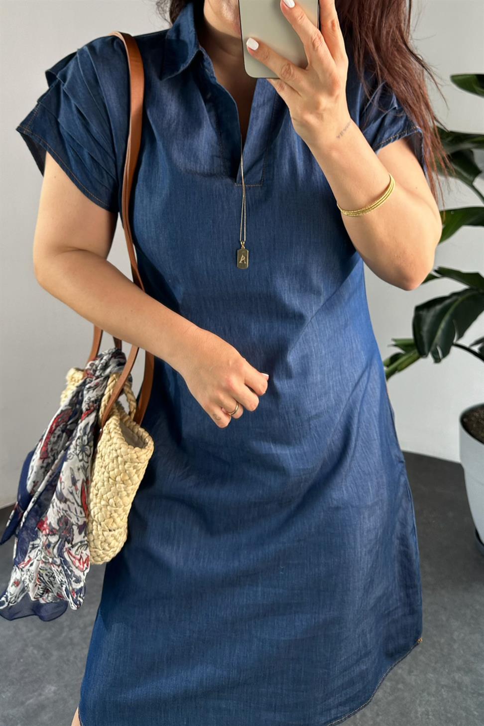 Premium Kalite Polo Yaka Tensel Denim Elbise Mavi