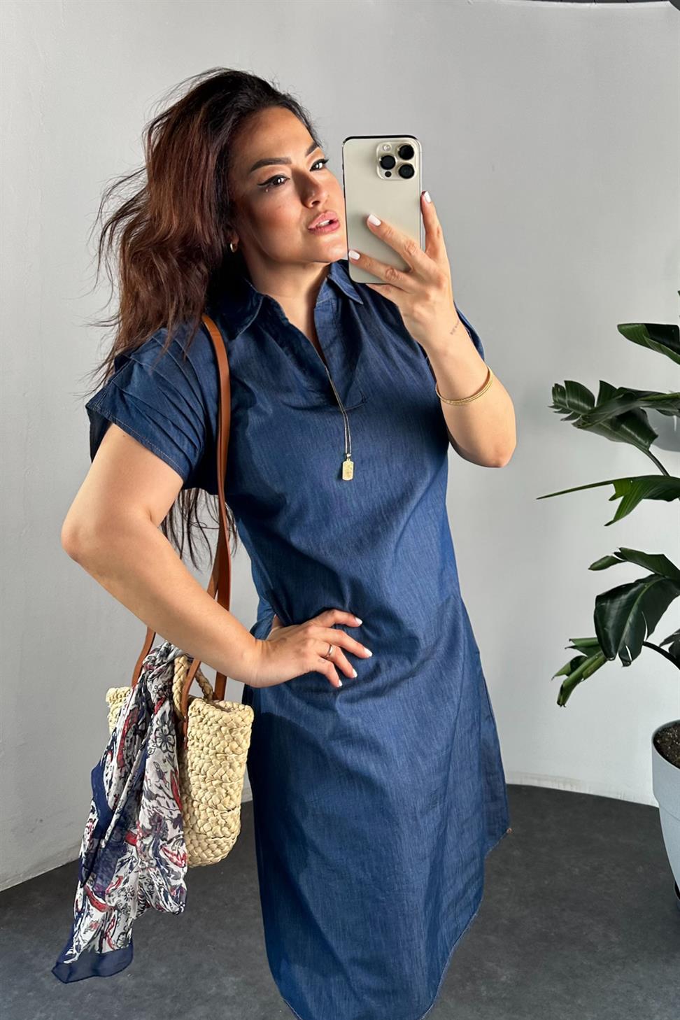 Premium Kalite Polo Yaka Tensel Denim Elbise Mavi