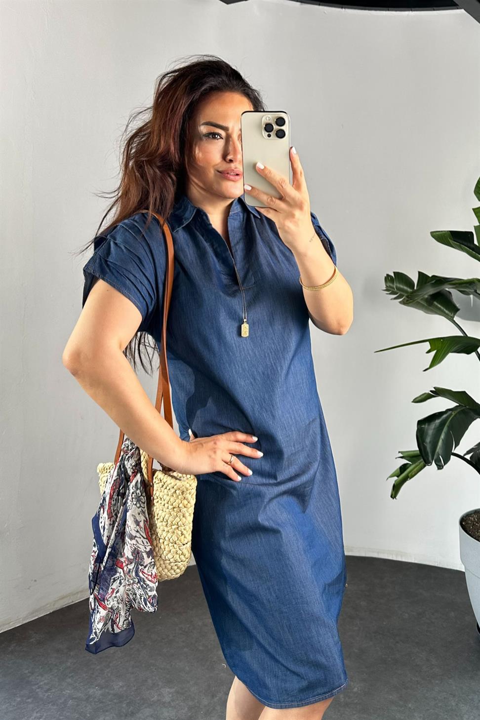 Premium Kalite Polo Yaka Tensel Denim Elbise Mavi