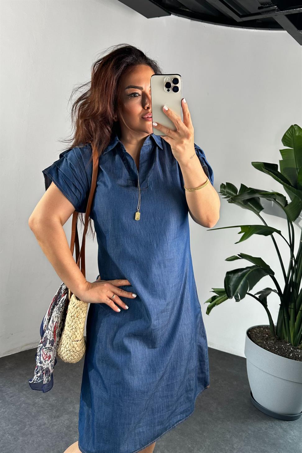 Premium Kalite Polo Yaka Tensel Denim Elbise Mavi