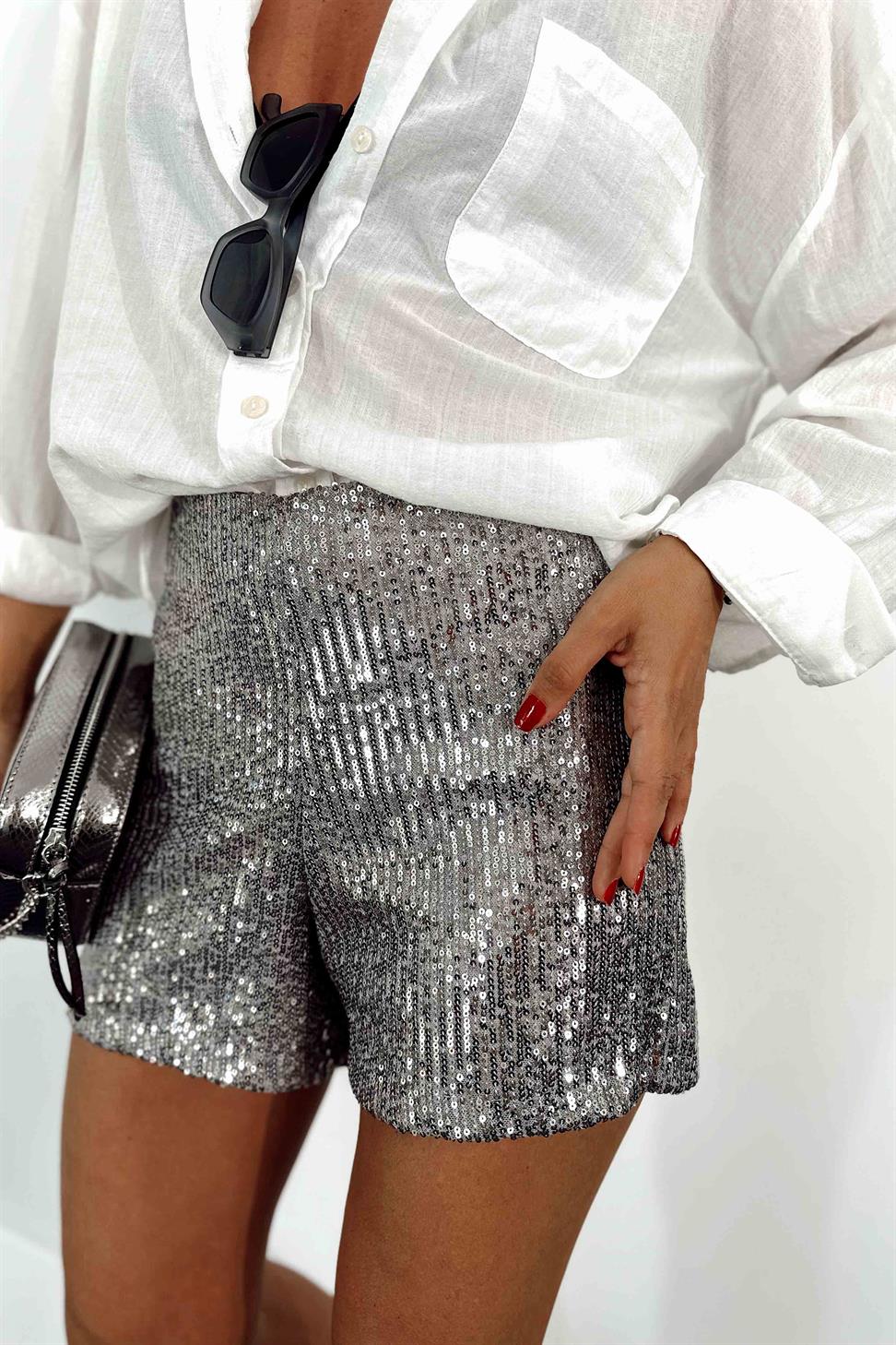 Premium Kalite Pul Payet Tasarım Kadın Şort Gri