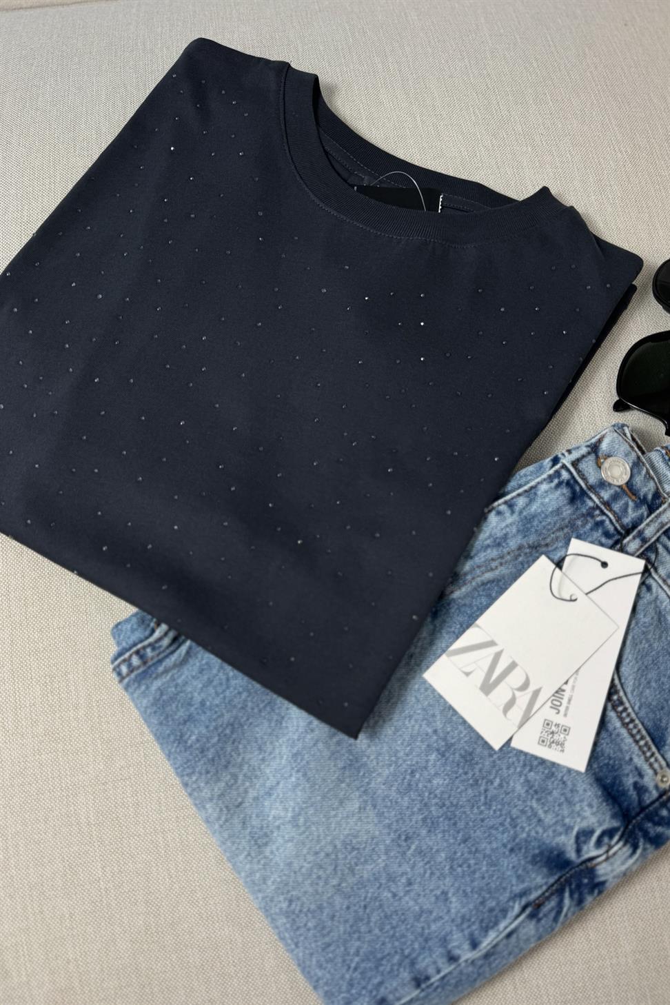 Premium Kalite Şeffaf Taşlı Basic Tişört Antrasit