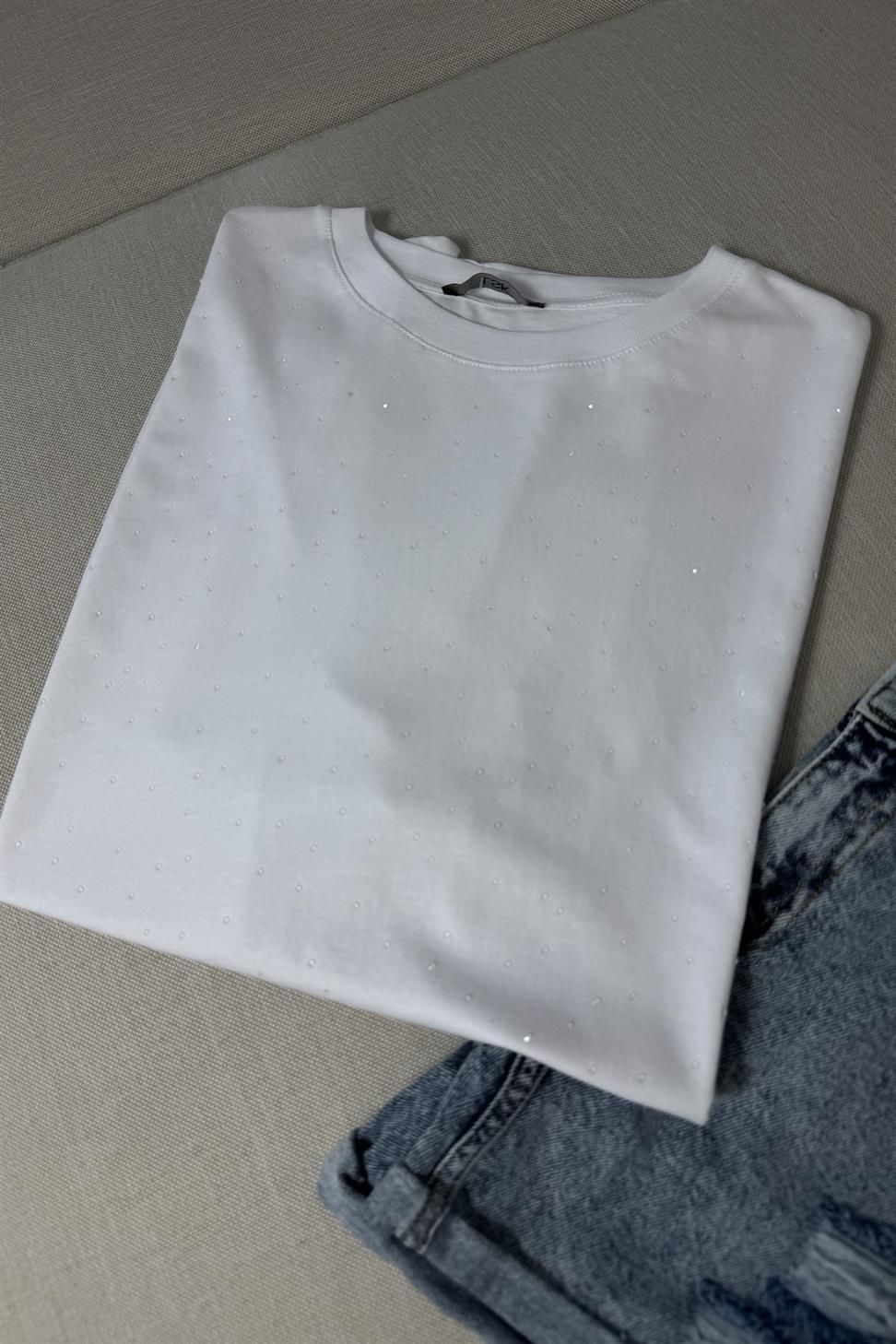 Premium Kalite Şeffaf Taşlı Basic Tişört Beyaz