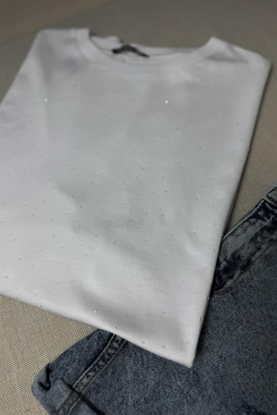 Premium Kalite Şeffaf Taşlı Basic Tişört Beyaz