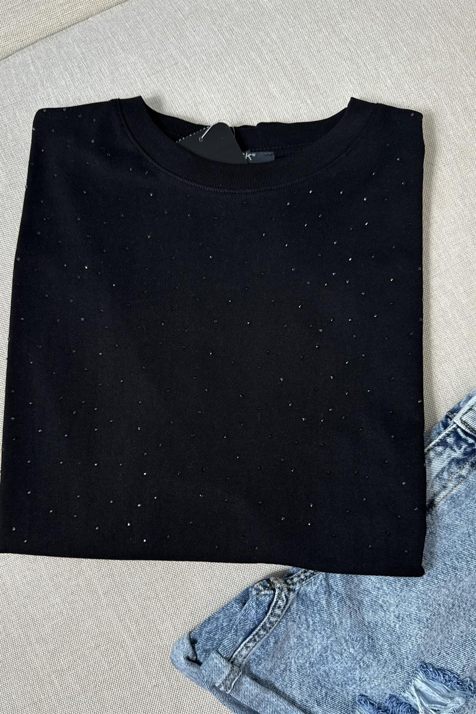 Premium Kalite Şeffaf Taşlı Basic Tişört Siyah