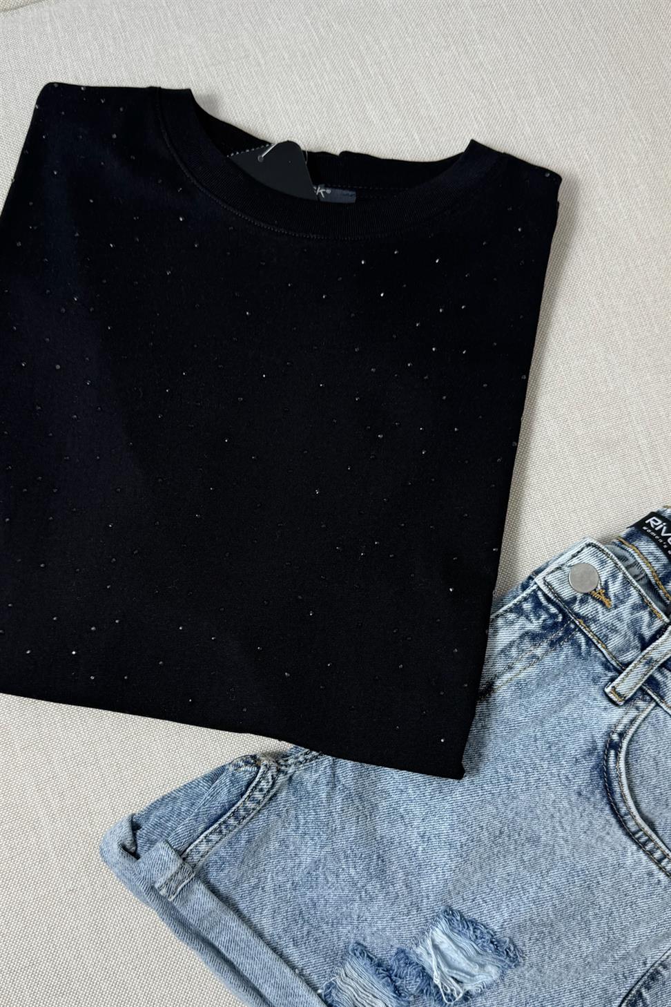 Premium Kalite Şeffaf Taşlı Basic Tişört Siyah