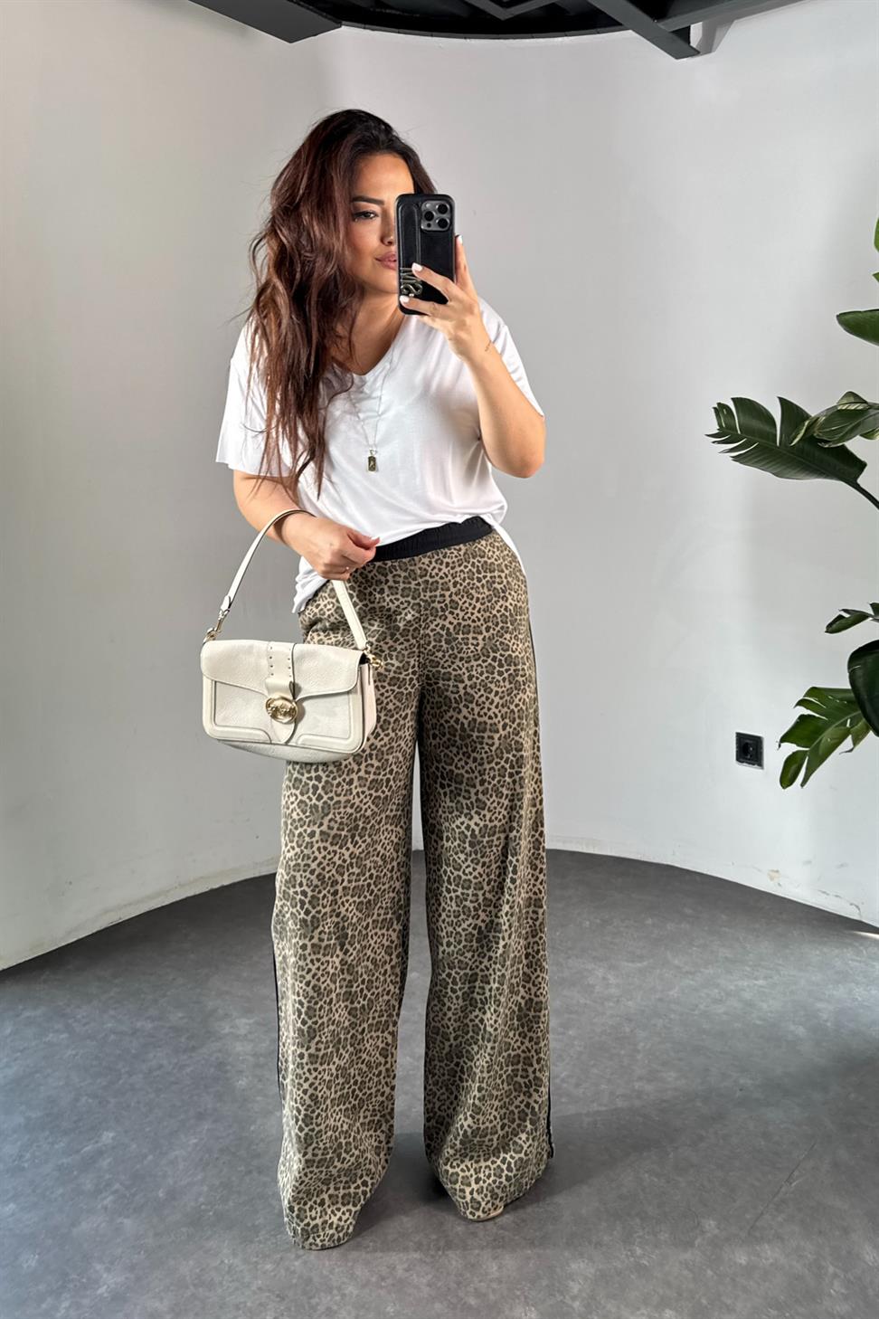 Premium Kalite Şerit Detaylı Leopar Palazzo Pantolon Siyah