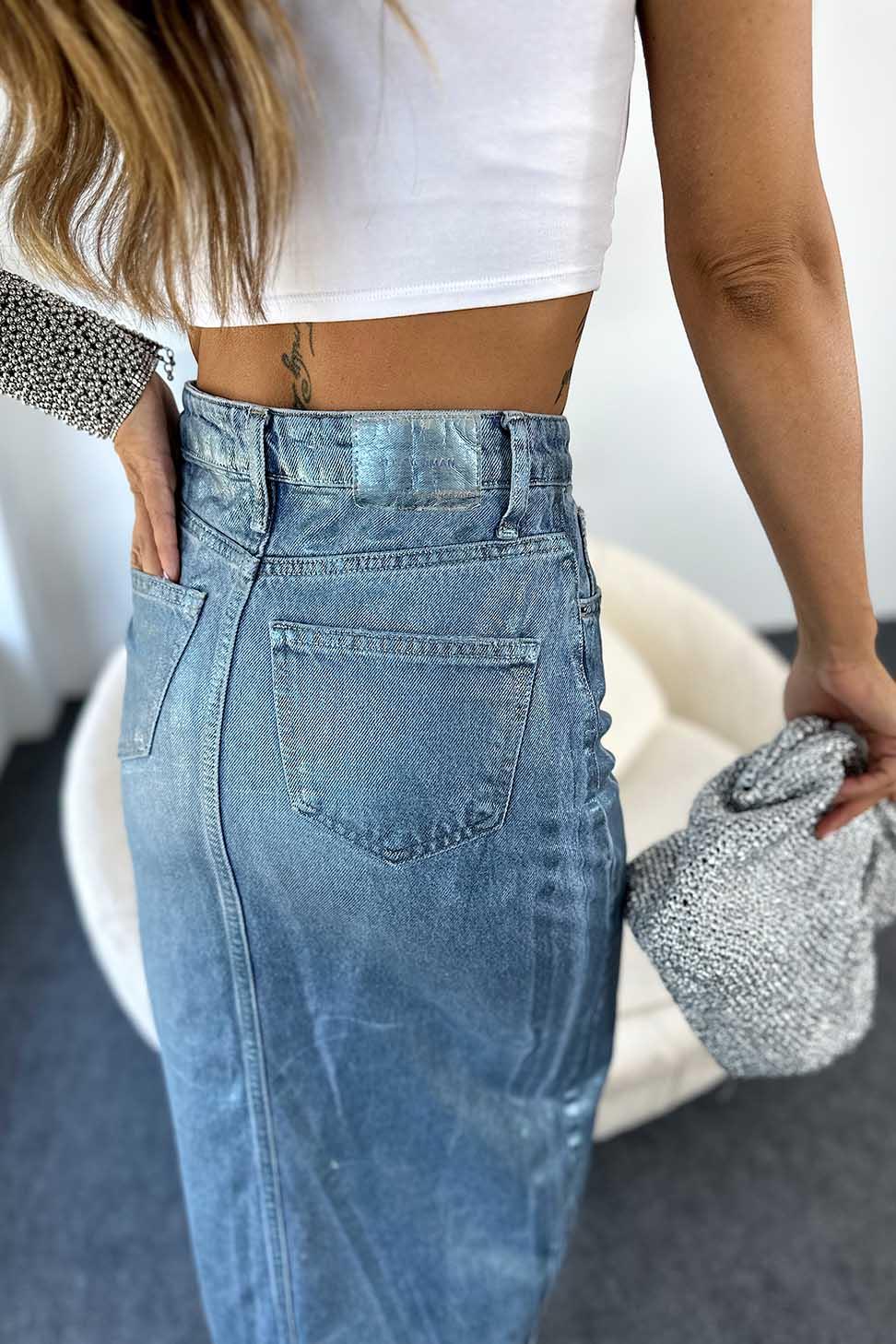 Premium Kalite Sim Detaylı Önden Yırtmaçlı Jean Etek Mavi