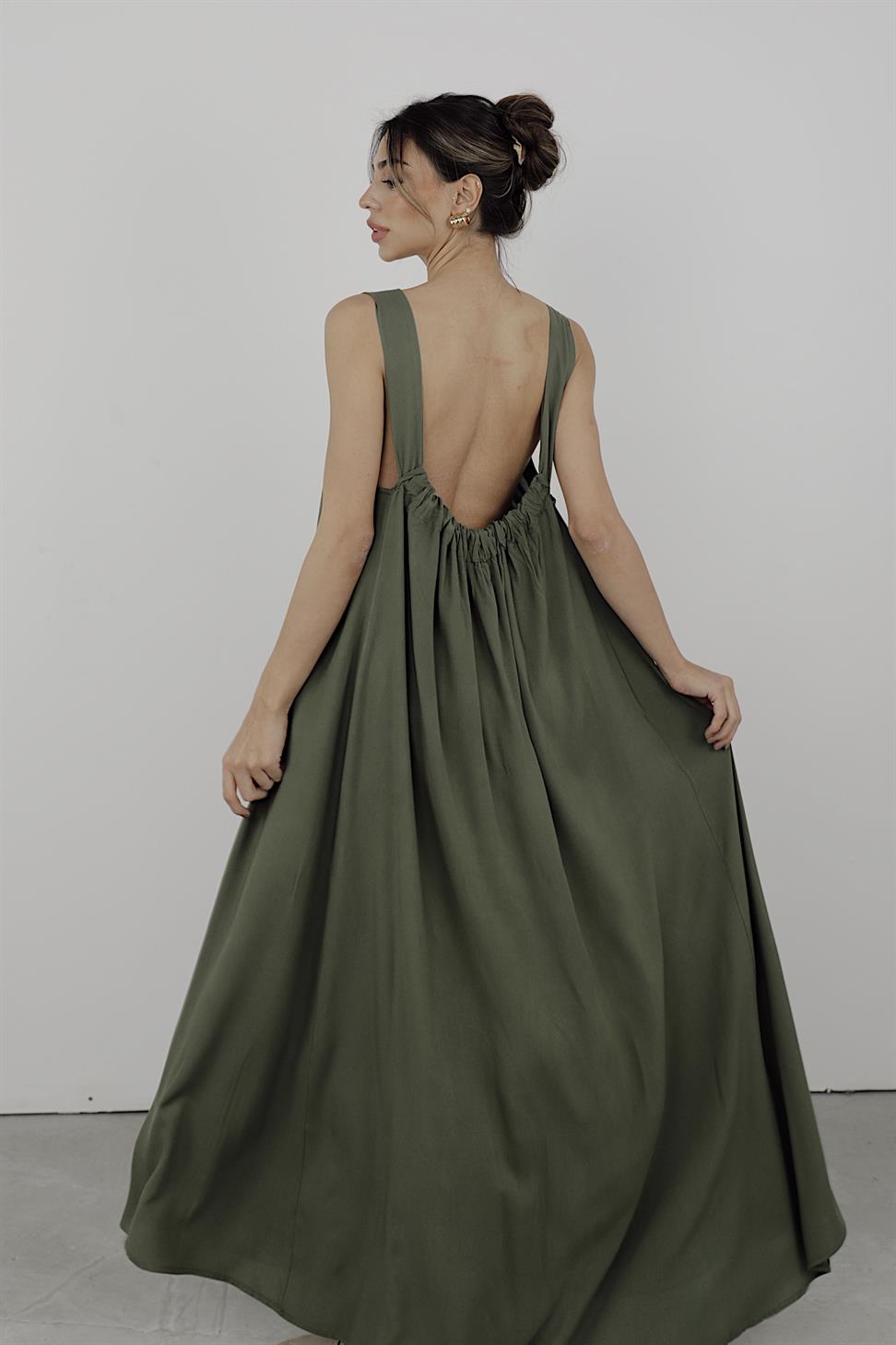 Premium Kalite Sırt Tasarım Detaylı Salaş Elbise Haki