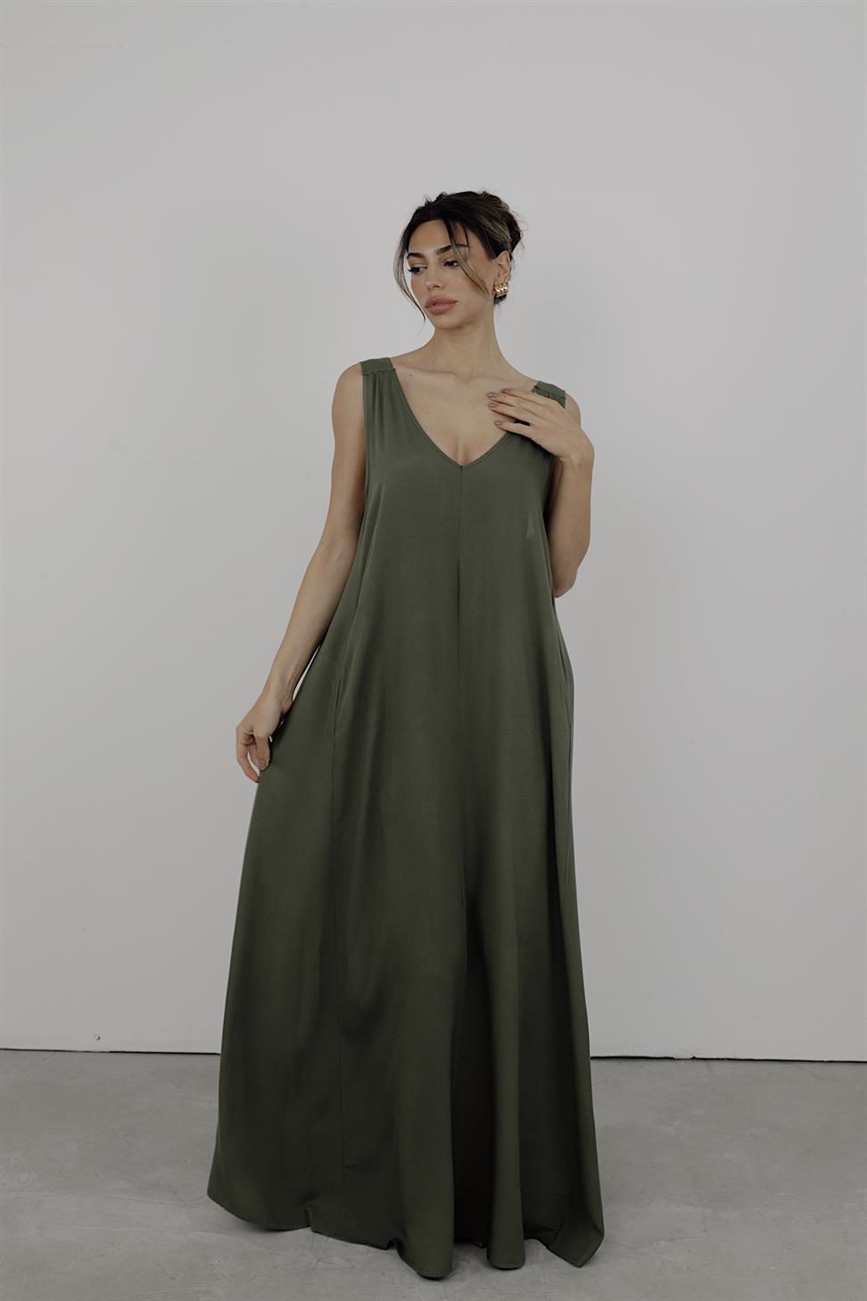 Premium Kalite Sırt Tasarım Detaylı Salaş Elbise Haki