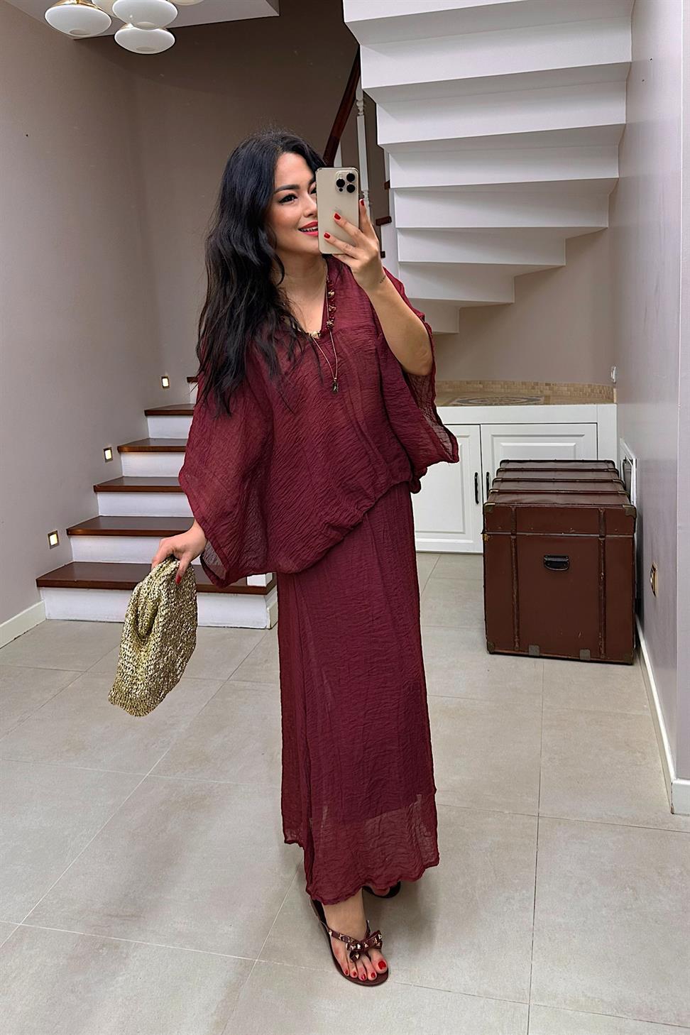 Premıum Kalite Takı Tasarımlı Etek Takım Bordo