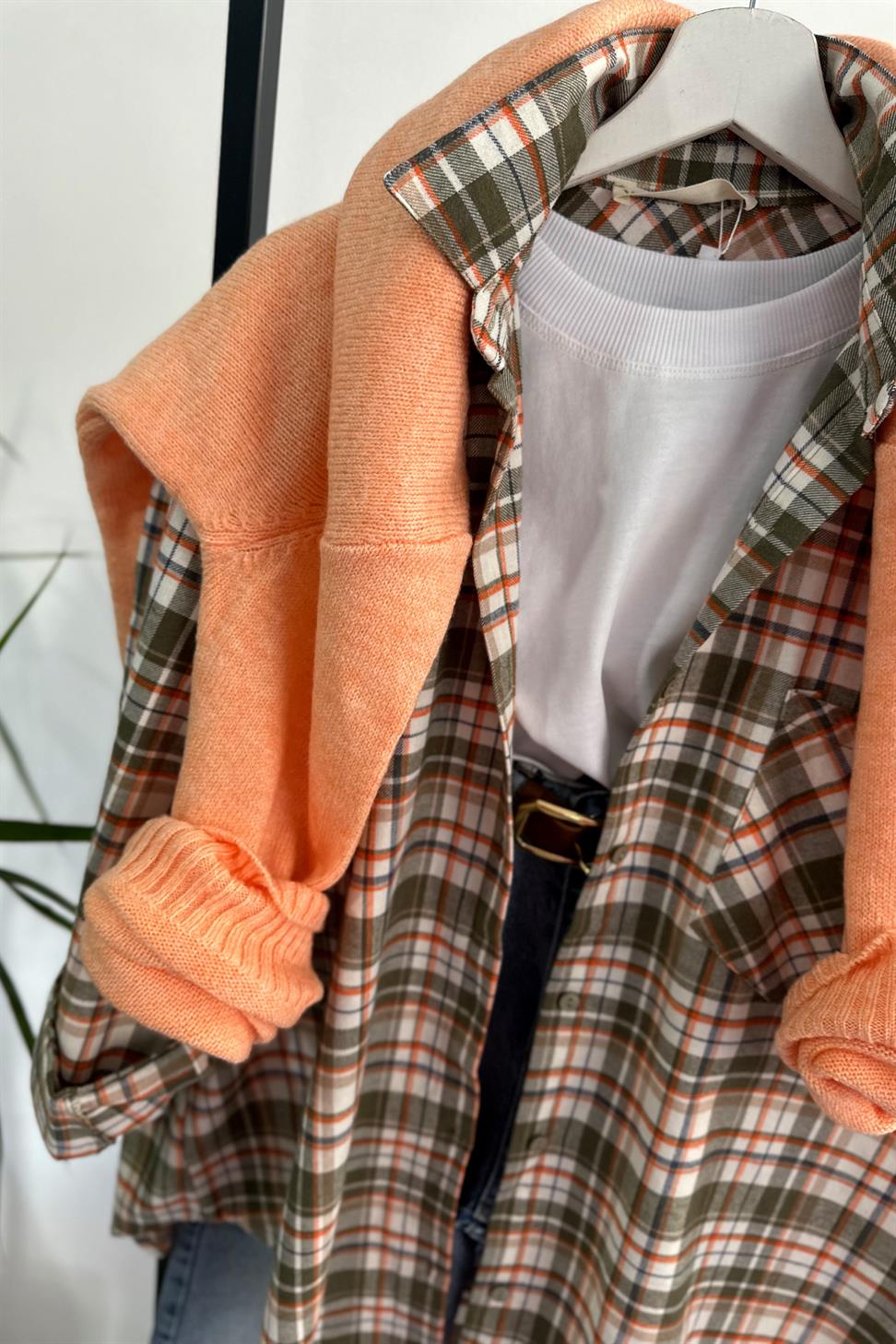 Premium Kalite Tek Cepli Ekose Gömlek Turuncu