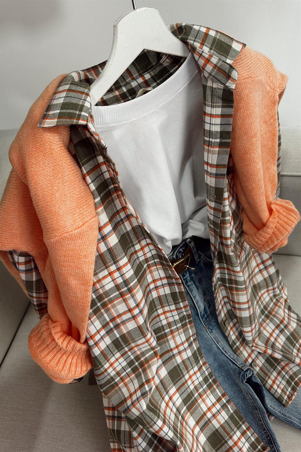 Premium Kalite Tek Cepli Ekose Gömlek Turuncu