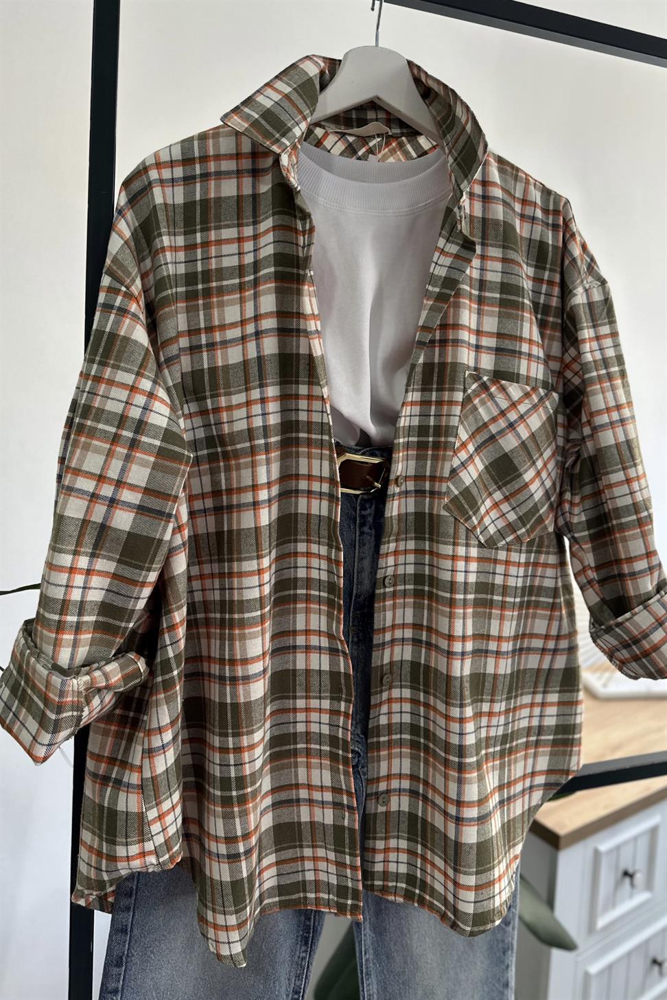 Premium Kalite Tek Cepli Ekose Gömlek Turuncu