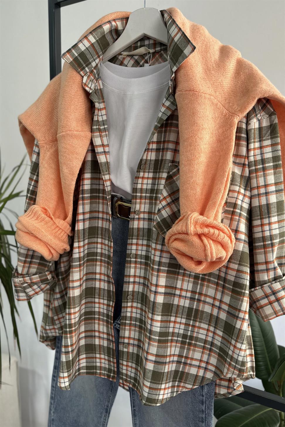 Premium Kalite Tek Cepli Ekose Gömlek Turuncu