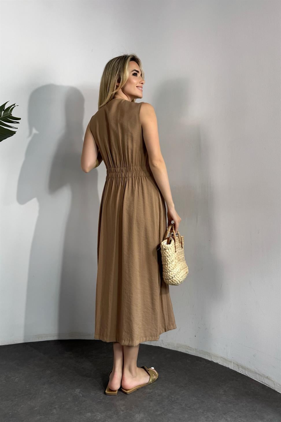 Premium Kalite Tensel Model Tek Düğmeli Elbise Camel