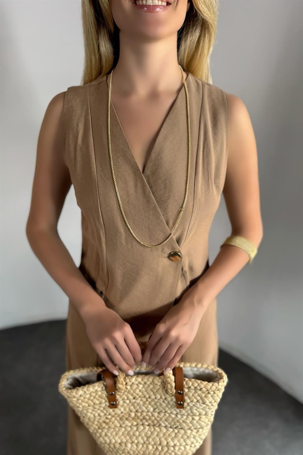 Premium Kalite Tensel Model Tek Düğmeli Elbise Camel