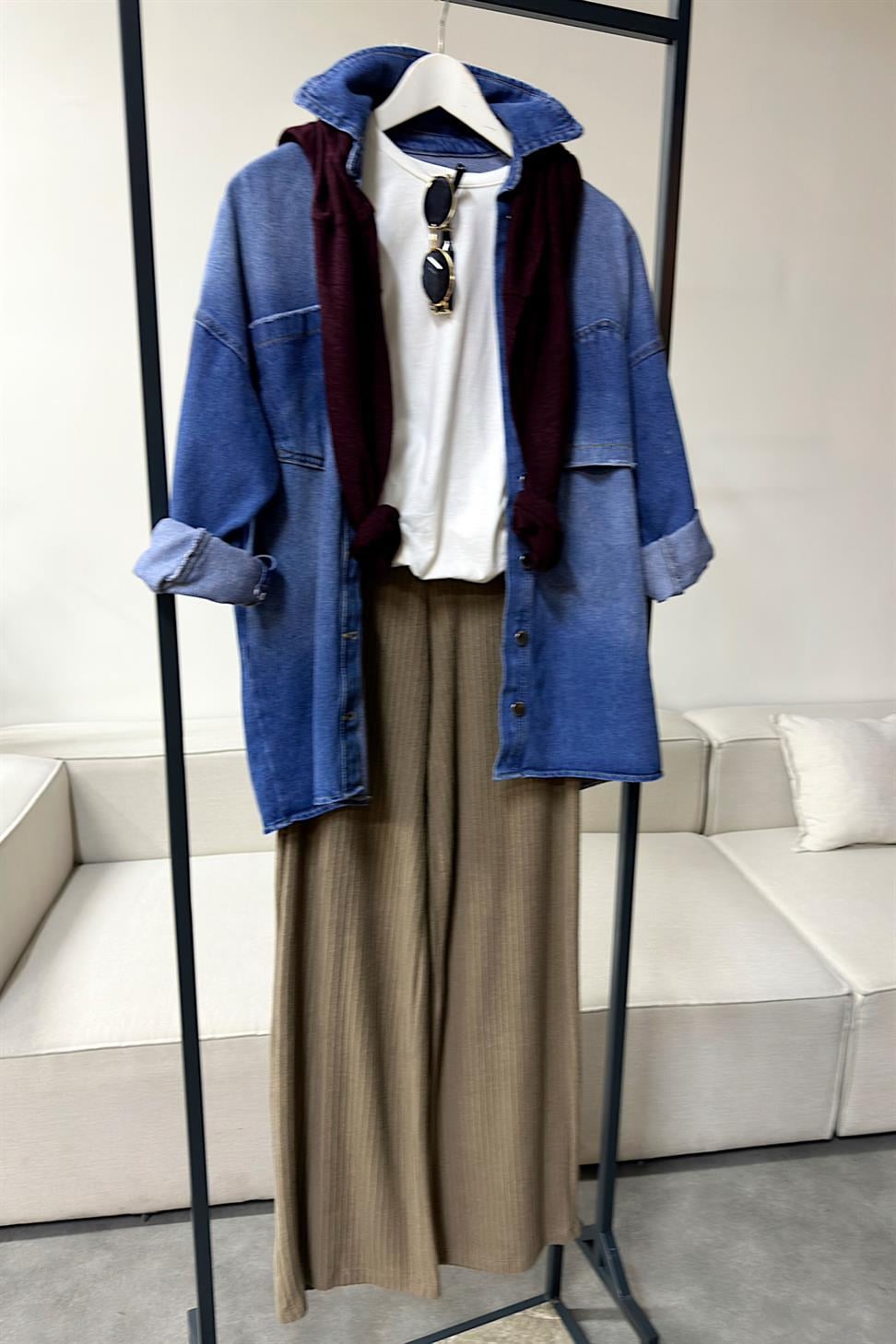 Premium Kalite Ters Cep Tasarım Oversize Denim Gömlek Mavi