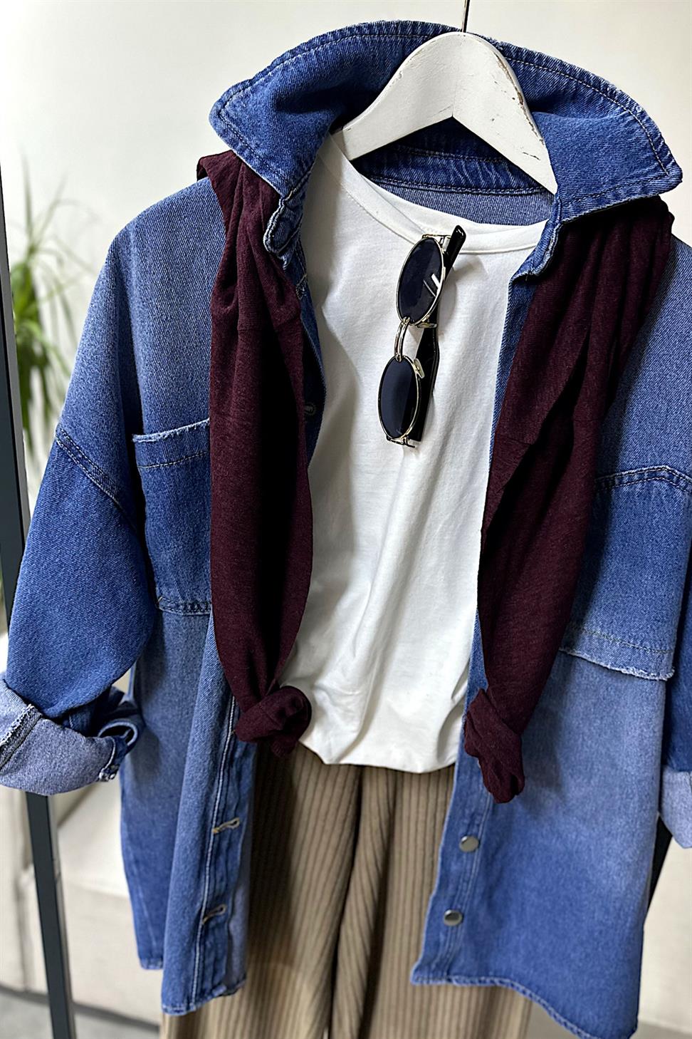 Premium Kalite Ters Cep Tasarım Oversize Denim Gömlek Mavi