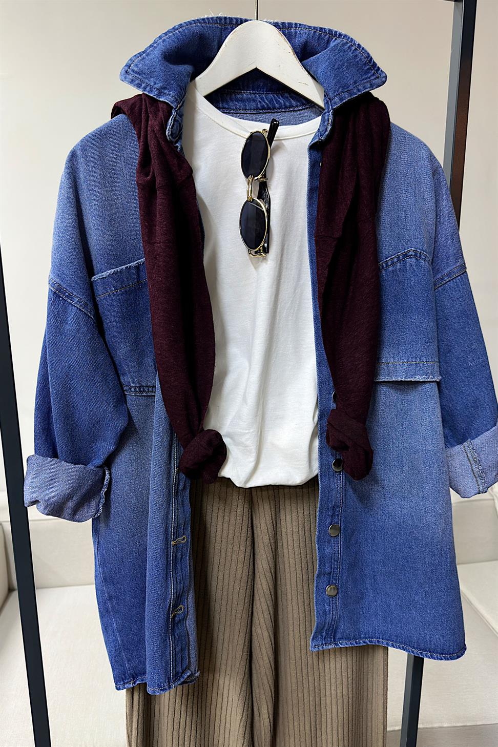 Premium Kalite Ters Cep Tasarım Oversize Denim Gömlek Mavi