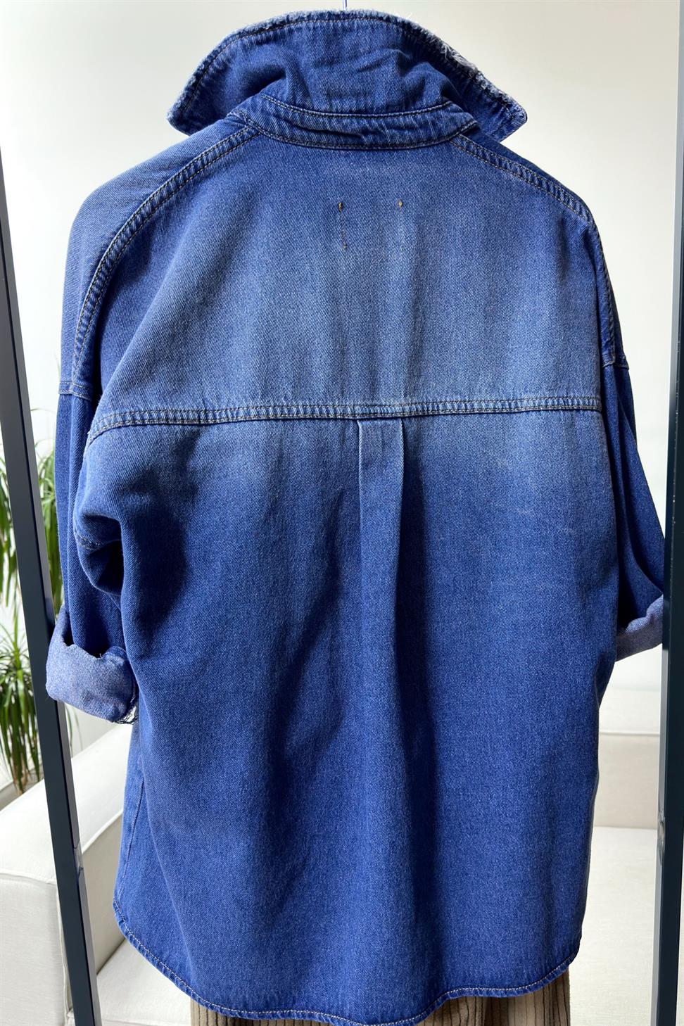Premium Kalite Ters Cep Tasarım Oversize Denim Gömlek Mavi