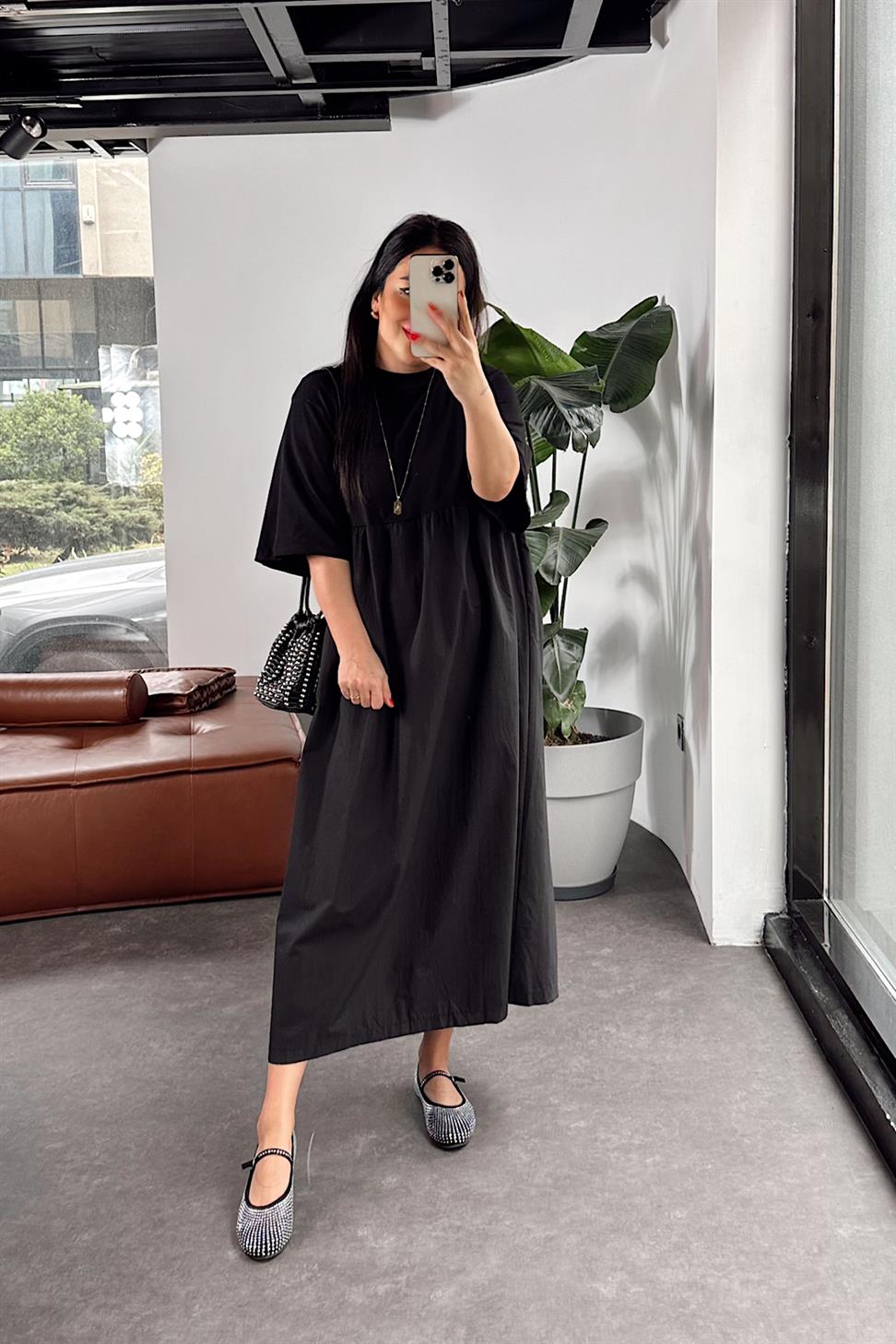 Premium Kalite Tişört Detaylı Oversize Elbise Siyah