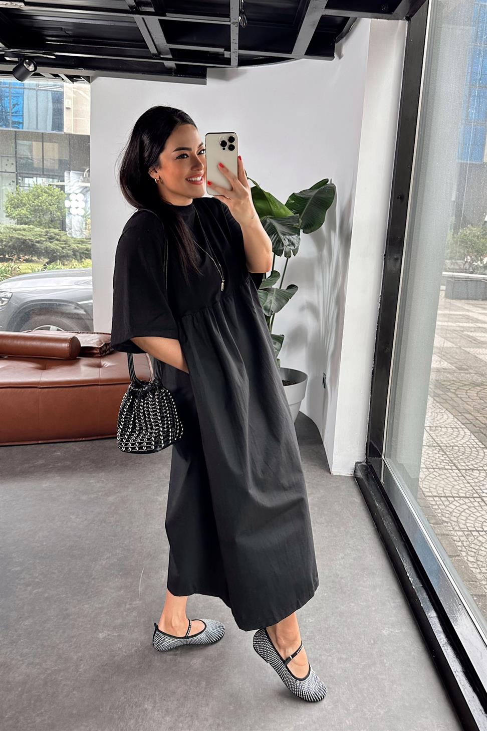 Premium Kalite Tişört Detaylı Oversize Elbise Siyah