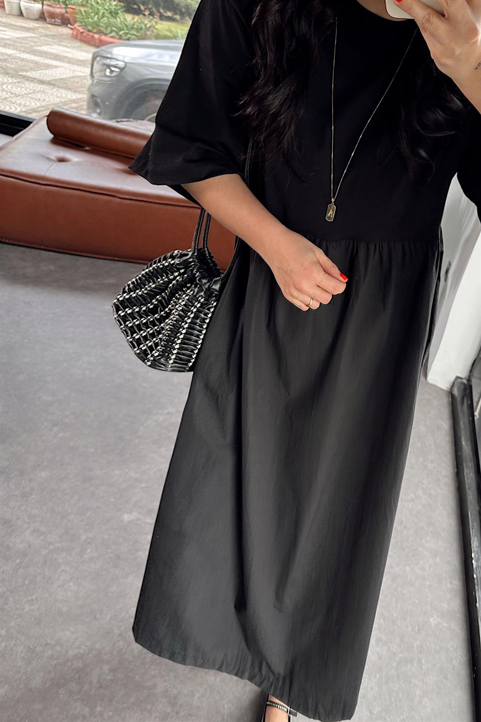 Premium Kalite Tişört Detaylı Oversize Elbise Siyah